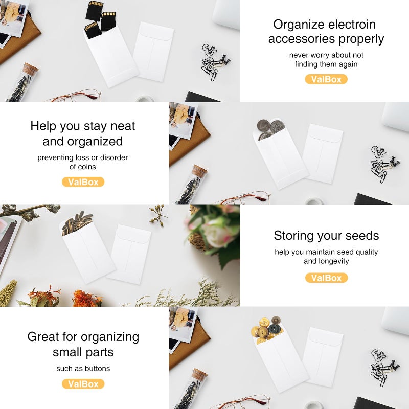 ValBox ظروف عملات ValBox #1 500 قطعة/صندوق 2.25 × 3.5 ظرف أجزاء صغيرة مع لسان لاصق للاستخدام في المنزل أو الحديقة أو المكتب، ظروف بذور كرافت بيضاء - Image 4